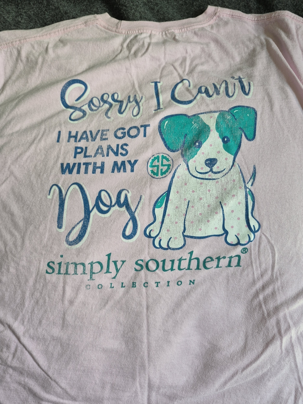 Simply Southern Pink Tee with Blue and Teal Dog Graphic